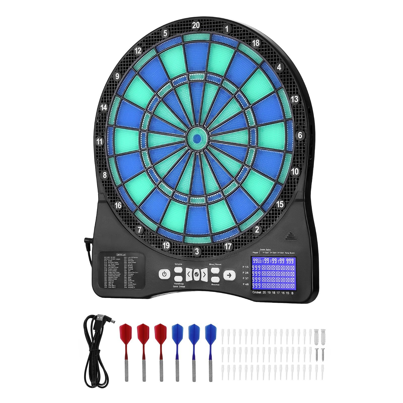 electronic dart board, led illuminated target dartboard with 48 games & 500+ variations, includes 6 dart shafts with flights & 50 soft tips, cricket scoring lcd screen supports up to 8 players