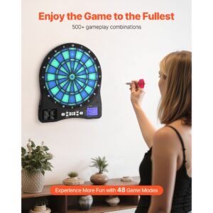 electronic dart board, led illuminated target dartboard with 48 games & 500+ variations, includes 6 dart shafts with flights & 50 soft tips, cricket scoring lcd screen supports up to 8 players