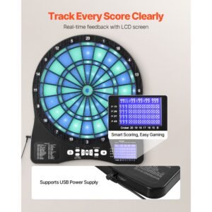 electronic dart board, led illuminated target dartboard with 48 games & 500+ variations, includes 6 dart shafts with flights & 50 soft tips, cricket scoring lcd screen supports up to 8 players