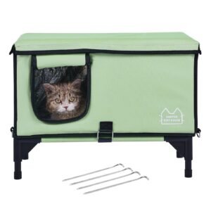 Elevated Heated Cat House, Cuboid Kitty Shelter with Adjustable Temperature and Timer, 900D Oxford Cloth Foldable Cat Shelter with Heated Pad for Winter to Stay Warm and Cozy, Green (Large)