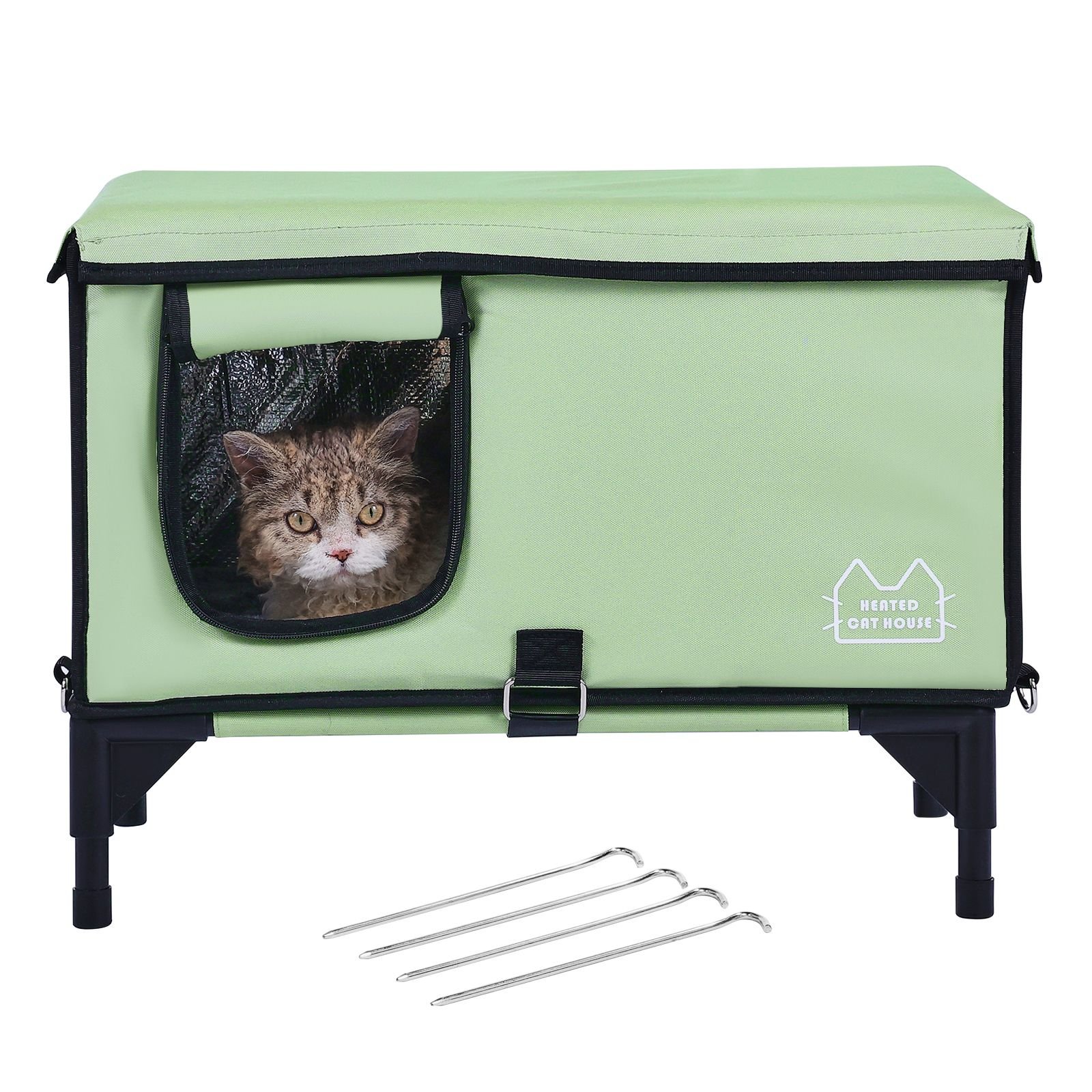 elevated heated cat house, cuboid kitty shelter with adjustable temperature and timer, 900d oxford cloth foldable cat shelter with heated pad for winter to stay warm and cozy, green (large)