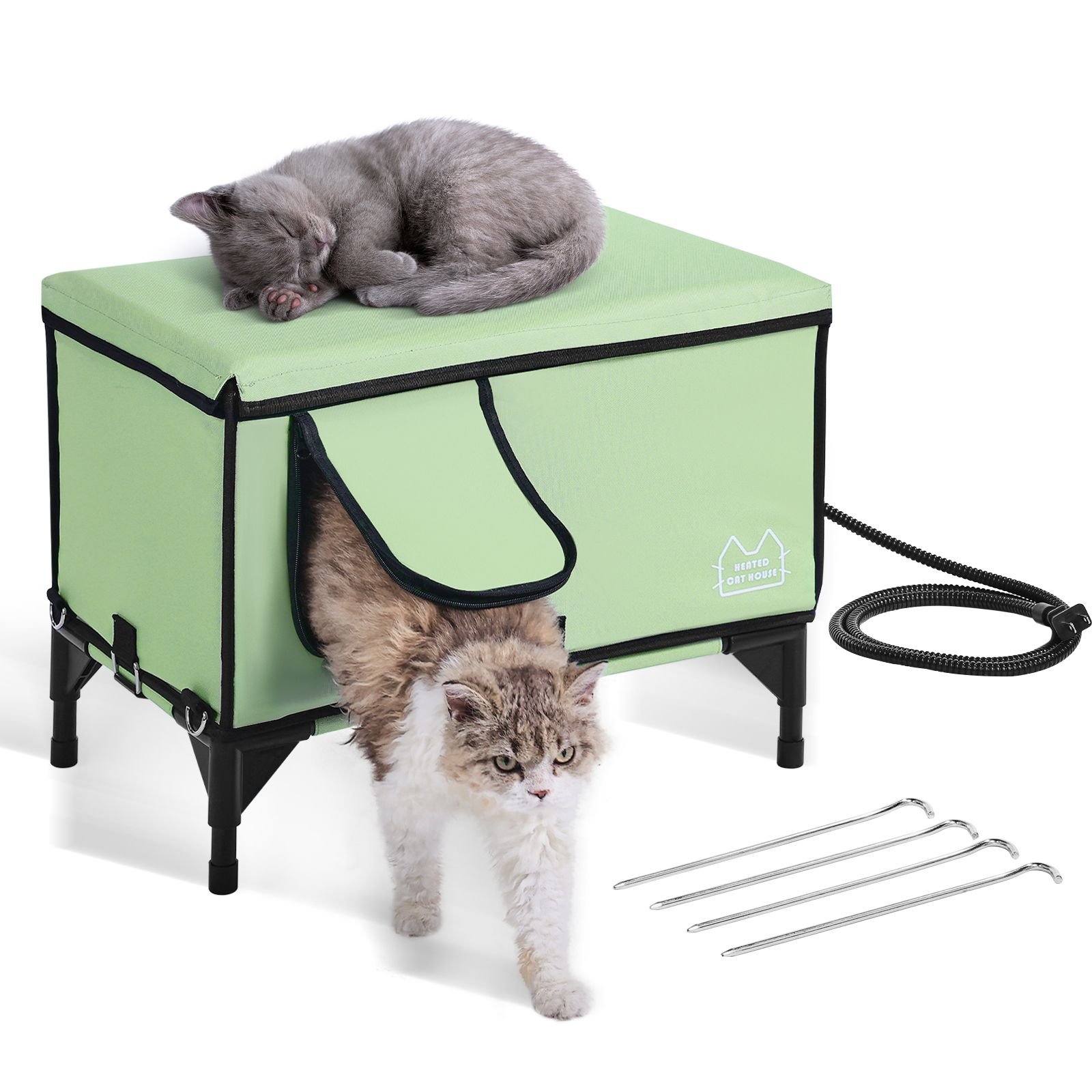 elevated heated cat house, cuboid kitty shelter with adjustable temperature and timer, 900d oxford cloth foldable cat shelter with heated pad for winter to stay warm and cozy, green (middle)