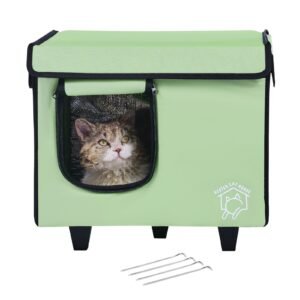 Elevated Heated Cat House, Cuboid Kitty Shelter with Adjustable Temperature and Timer, 900D Oxford Cloth Foldable Cat Shelter with Heated Pad for Winter to Stay Warm and Cozy, Green (Small)