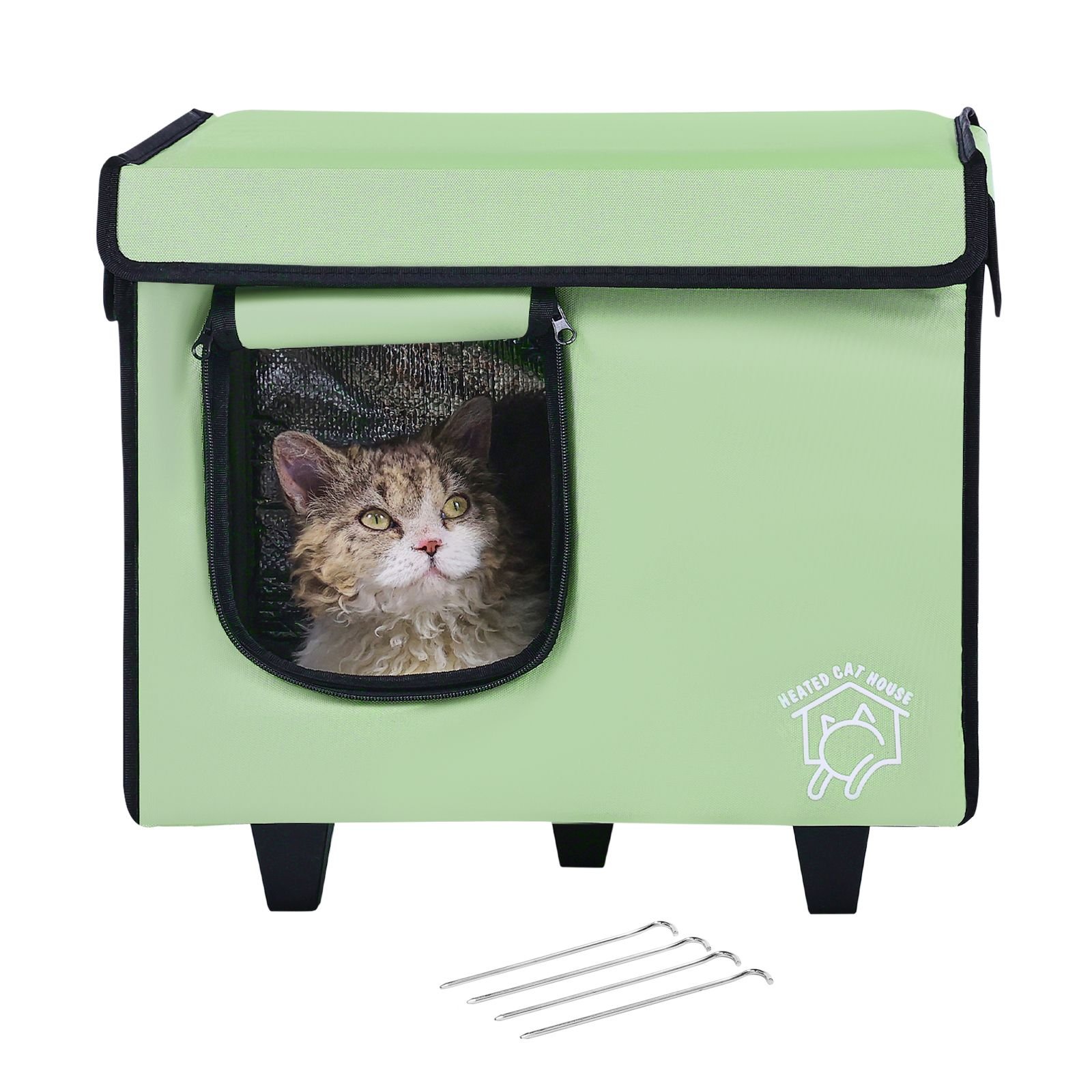 elevated heated cat house, cuboid kitty shelter with adjustable temperature and timer, 900d oxford cloth foldable cat shelter with heated pad for winter to stay warm and cozy, green (small)