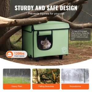 elevated heated cat house, cuboid kitty shelter with adjustable temperature and timer, 900d oxford cloth foldable cat shelter with heated pad for winter to stay warm and cozy, green (small)