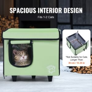 elevated heated cat house, cuboid kitty shelter with adjustable temperature and timer, 900d oxford cloth foldable cat shelter with heated pad for winter to stay warm and cozy, green (small)