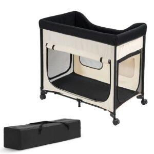 Elevated Lounge Pet Bed, Foldable Bunk Dog Bed with 600D Oxford Cloth and Dutch Velvet, Portable Raised Cot with Wheels, Side Storage Bags, and Carry Bag for Cats & Dogs, L, Beige