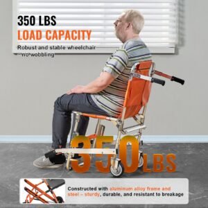 ems stair chair, 350 lbs load capacity, foldable aluminum emergency stair climbing wheelchair with 2 wheels, portable stair lift chair ambulance firefighter evacuation use for elderly, disabled