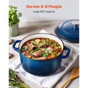 enameled cast iron dutch oven, 6 quart pot with lid and dual handles, heavy duty durable cookware pan, oven induction compatible up to 500 f, for braising, stews, roasting, bread baking, blue