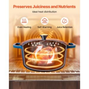 enameled cast iron dutch oven, 6 quart pot with lid and dual handles, heavy duty durable cookware pan, oven induction compatible up to 500 f, for braising, stews, roasting, bread baking, blue