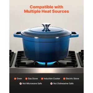 enameled cast iron dutch oven, 6 quart pot with lid and dual handles, heavy duty durable cookware pan, oven induction compatible up to 500 f, for braising, stews, roasting, bread baking, blue