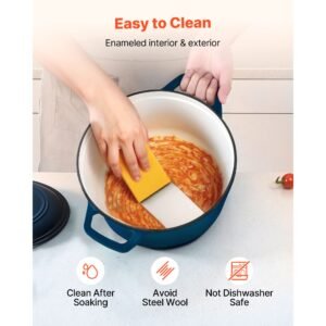 enameled cast iron dutch oven, 6 quart pot with lid and dual handles, heavy duty durable cookware pan, oven induction compatible up to 500 f, for braising, stews, roasting, bread baking, blue