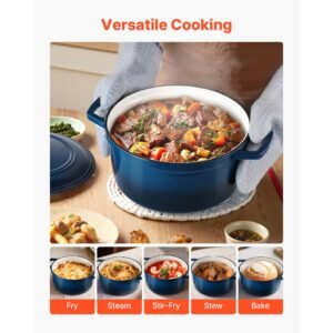 enameled cast iron dutch oven, 6 quart pot with lid and dual handles, heavy duty durable cookware pan, oven induction compatible up to 500 f, for braising, stews, roasting, bread baking, blue