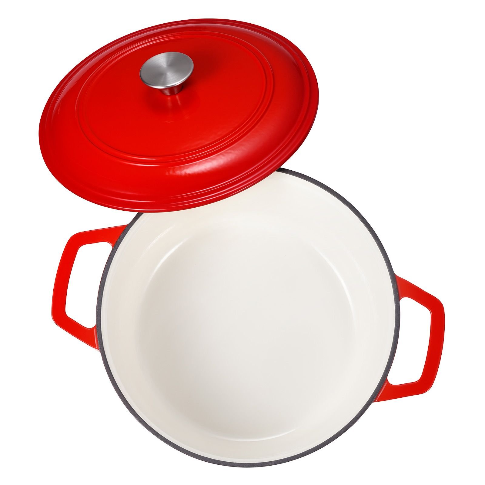 enameled cast iron dutch oven, 6 quart pot with lid and dual handles, heavy duty durable cookware pan, oven induction compatible up to 500fahrenheit, for braising, stews, bread baking, red