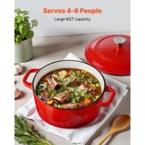 enameled cast iron dutch oven, 6 quart pot with lid and dual handles, heavy duty durable cookware pan, oven induction compatible up to 500fahrenheit, for braising, stews, bread baking, red