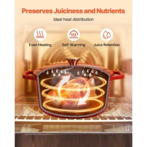 enameled cast iron dutch oven, 6 quart pot with lid and dual handles, heavy duty durable cookware pan, oven induction compatible up to 500fahrenheit, for braising, stews, bread baking, red