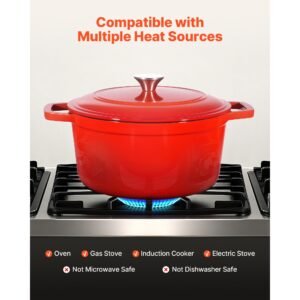 enameled cast iron dutch oven, 6 quart pot with lid and dual handles, heavy duty durable cookware pan, oven induction compatible up to 500fahrenheit, for braising, stews, bread baking, red