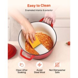 enameled cast iron dutch oven, 6 quart pot with lid and dual handles, heavy duty durable cookware pan, oven induction compatible up to 500fahrenheit, for braising, stews, bread baking, red