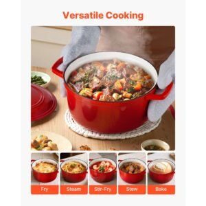 enameled cast iron dutch oven, 6 quart pot with lid and dual handles, heavy duty durable cookware pan, oven induction compatible up to 500fahrenheit, for braising, stews, bread baking, red