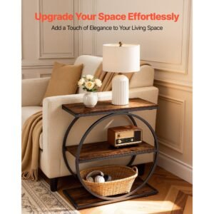 end table, 3 tier narrow side table with open storage shelves, modern nightstand bedside desk with round metal frame, wood sofa coffee desk for living room, bedroom, office, rustic brown