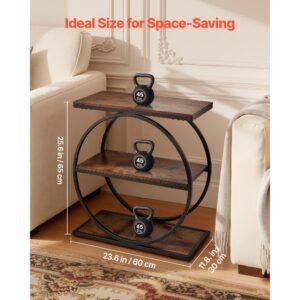 end table, 3 tier narrow side table with open storage shelves, modern nightstand bedside desk with round metal frame, wood sofa coffee desk for living room, bedroom, office, rustic brown