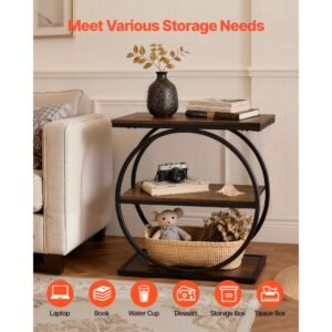 end table, 3 tier narrow side table with open storage shelves, modern nightstand bedside desk with round metal frame, wood sofa coffee desk for living room, bedroom, office, rustic brown