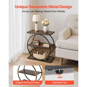 end table, 3 tier narrow side table with open storage shelves, modern nightstand bedside desk with round metal frame, wood sofa coffee desk for living room, bedroom, office, rustic brown