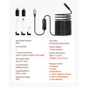 endoscope camera with 49.2ft semi rigid cable, 1920p hd borescope for android & ios, industrial inspection camera with light 8 led, 2x zoom, ip67 waterproof snake camera for auto, plumbing