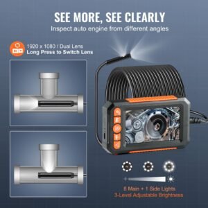 Endoscope Camera with Light, Dual Lens Borescope with 49.2FT Semi-Rigid Cable, 4.3" Screen 1080P Inspection Camera, 8 + 1 LED Lights, 4X Zoom, IP67 Waterproof Snake Camera for Auto, Plumbing