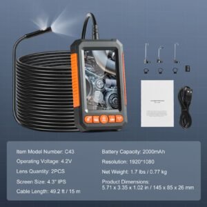 endoscope camera with light, dual lens borescope with 49.2ft semi rigid cable, 4.3" screen 1080p inspection camera, 8 + 1 led lights, 4x zoom, ip67 waterproof snake camera for auto, plumbing