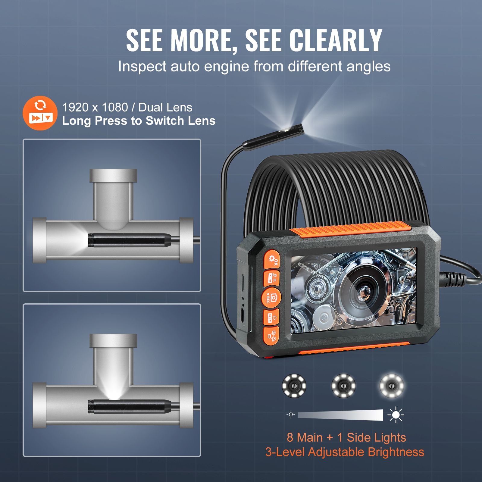 endoscope camera with light, dual lens borescope with 49.2ft semi rigid cable, 4.3" screen 1080p inspection camera, 8 + 1 led lights, 4x zoom, ip67 waterproof snake camera for auto, plumbing