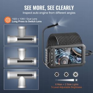 endoscope camera with light, triple lens borescope with 49.2ft semi rigid cable, 5" screen 1080p inspection camera, 8 + 2 led lights, ip67 waterproof snake camera for auto, plumbing (32gb card)