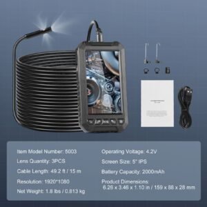 endoscope camera with light, triple lens borescope with 49.2ft semi rigid cable, 5" screen 1080p inspection camera, 8 + 2 led lights, ip67 waterproof snake camera for auto, plumbing (32gb card)