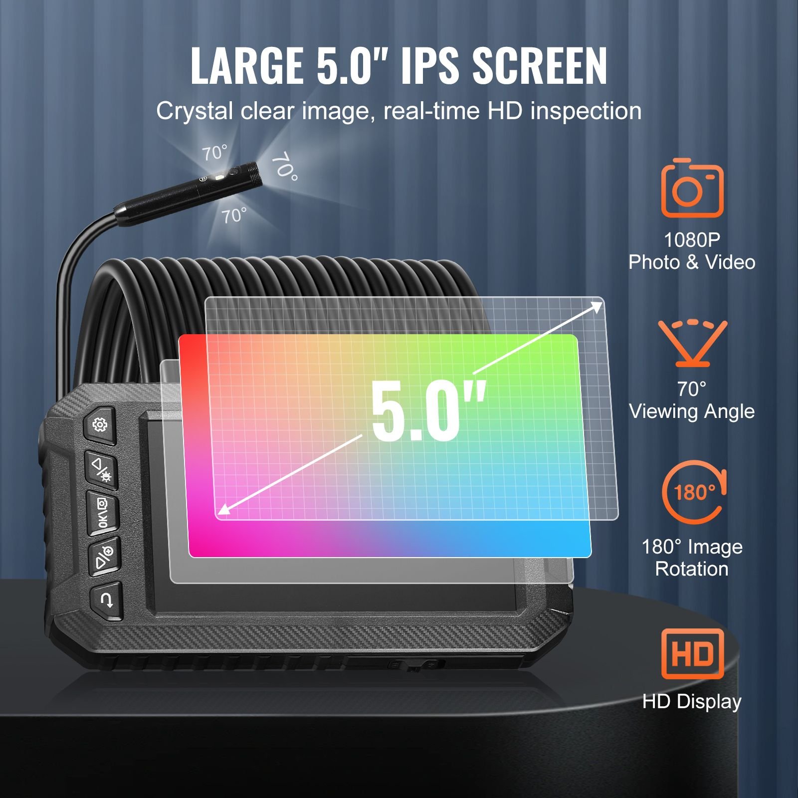 endoscope camera with light, triple lens borescope with 49.2ft semi rigid cable, 5" screen 1080p inspection camera, 8 + 2 led lights, ip67 waterproof snake camera for auto, plumbing (32gb card)