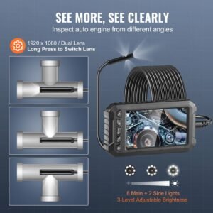 endoscope camera with light, triple lens industrial borescope, 5" screen 1080p inspection camera, 8 + 2 lights, ip67 waterproof snake camera for automotive, plumbing (16.4ft cable, 32gb card)