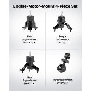 engine and transmission motor mount kit replacement, set of 4, compatible with 2007–2011 toyota camry 2.4l l4, replace oe# a62009, a4207, a4211, a4274, secure support