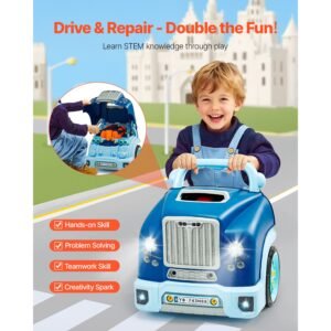 engine toy, 60 pieces, kids mechanic car repair set with removable parts, lights and sounds, steering wheel and horn, kids mechanic workshop set for toddler ages 3 years and up, blue