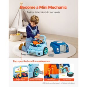 engine toy, 60 pieces, kids mechanic car repair set with removable parts, lights and sounds, steering wheel and horn, kids mechanic workshop set for toddler ages 3 years and up, blue