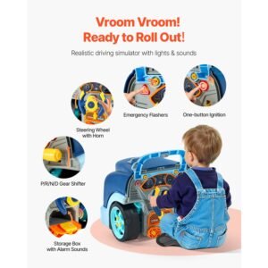 engine toy, 60 pieces, kids mechanic car repair set with removable parts, lights and sounds, steering wheel and horn, kids mechanic workshop set for toddler ages 3 years and up, blue