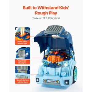 engine toy, 60 pieces, kids mechanic car repair set with removable parts, lights and sounds, steering wheel and horn, kids mechanic workshop set for toddler ages 3 years and up, blue