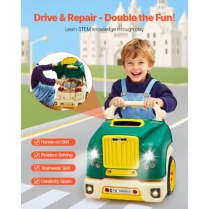 engine toy, 60 pieces, kids mechanic car repair set with removable parts, lights and sounds, steering wheel and horn, kids mechanic workshop set for toddler ages 3 years and up, green