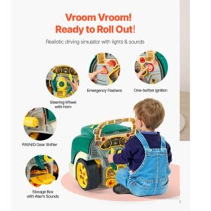 engine toy, 60 pieces, kids mechanic car repair set with removable parts, lights and sounds, steering wheel and horn, kids mechanic workshop set for toddler ages 3 years and up, green