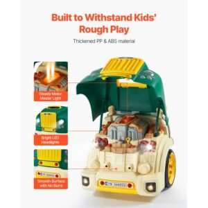 engine toy, 60 pieces, kids mechanic car repair set with removable parts, lights and sounds, steering wheel and horn, kids mechanic workshop set for toddler ages 3 years and up, green