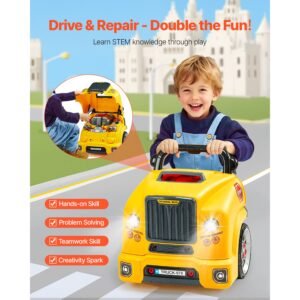 engine toy, 60 pieces, kids mechanic car repair set with removable parts, lights and sounds, steering wheel and horn, kids mechanic workshop set for toddler ages 3 years and up, yellow