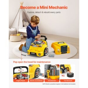 engine toy, 60 pieces, kids mechanic car repair set with removable parts, lights and sounds, steering wheel and horn, kids mechanic workshop set for toddler ages 3 years and up, yellow