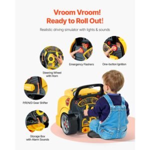 engine toy, 60 pieces, kids mechanic car repair set with removable parts, lights and sounds, steering wheel and horn, kids mechanic workshop set for toddler ages 3 years and up, yellow