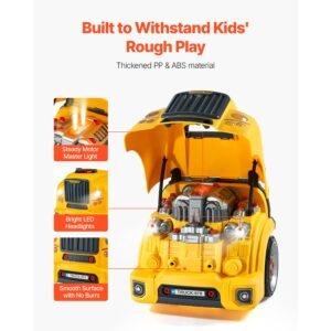 engine toy, 60 pieces, kids mechanic car repair set with removable parts, lights and sounds, steering wheel and horn, kids mechanic workshop set for toddler ages 3 years and up, yellow
