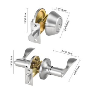 entry door locksets with deadbolt, 5 pack satin nickel entry lever and single cylinder deadbolt, keyed alike combo pack, fit for 1 3/8" to 1 3/4" door thickness, for entrance and front door