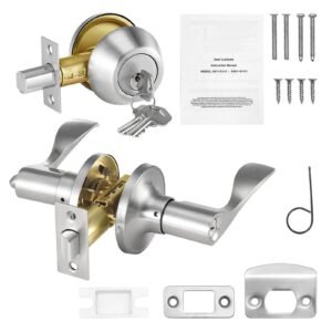 entry door locksets with deadbolt, 5 pack satin nickel entry lever and single cylinder deadbolt, keyed alike combo pack, fit for 1 3/8" to 1 3/4" door thickness, for entrance and front door