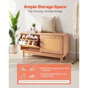 entryway shoe bench, 39.4 x 11.8 x 20.9 inch rattan like shoes bench with 2 flip drawers, 300lbs shoe storage rack with 4 compartments and 2 rattan doors, for hallway, living room, bedroom